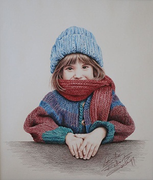 Leslie Roberts Gregg painting Winter Warmth. Shows a child wearing a scarf facing the camera.