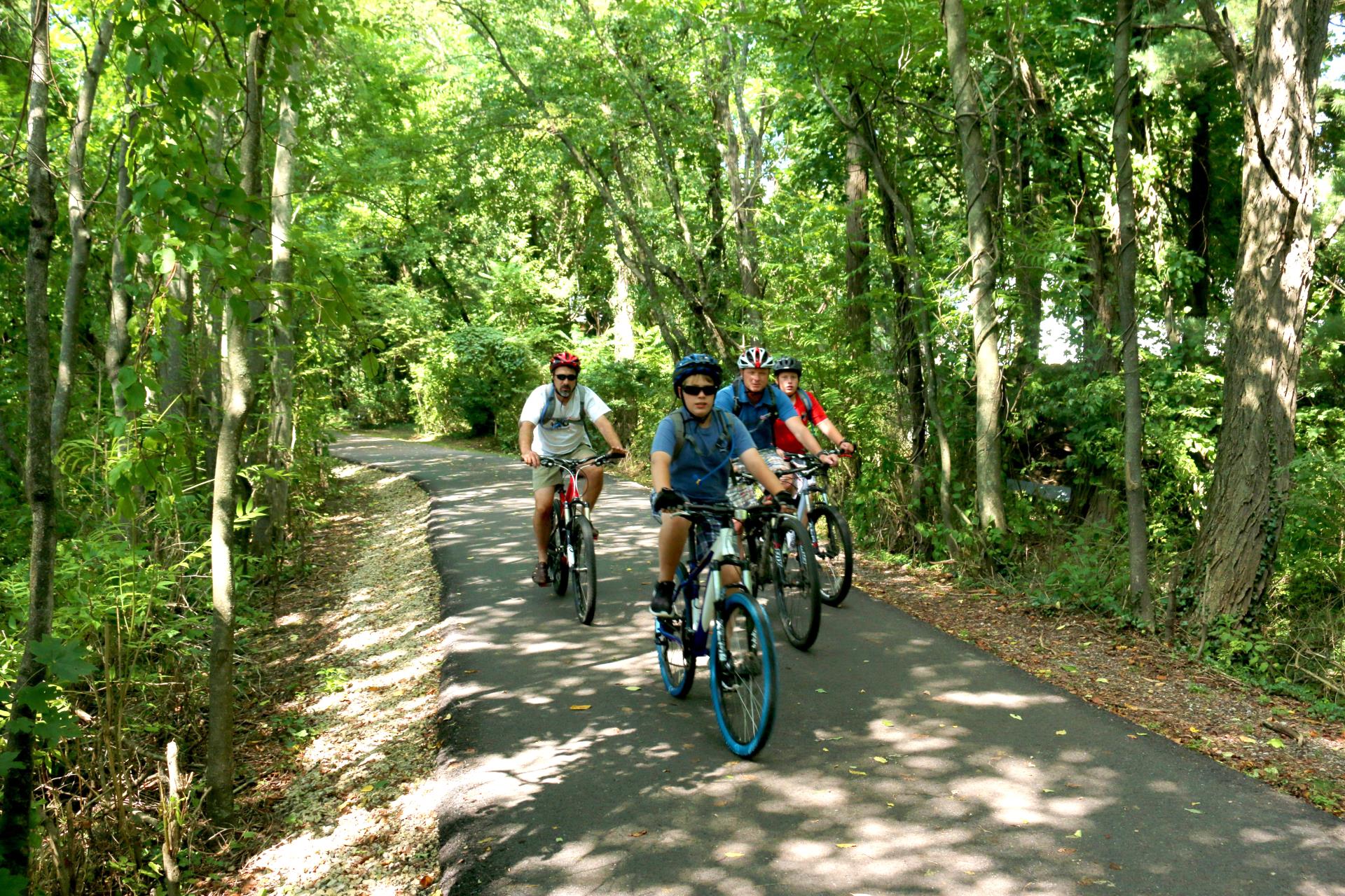 Three bike riders on the Huckleberry Trail in the fall