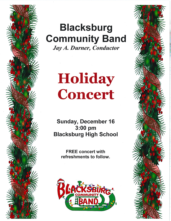 2018_Holiday Flyer for the Blacksburg Community Band Concert December 16 at 3 pm at Blacksburg High School