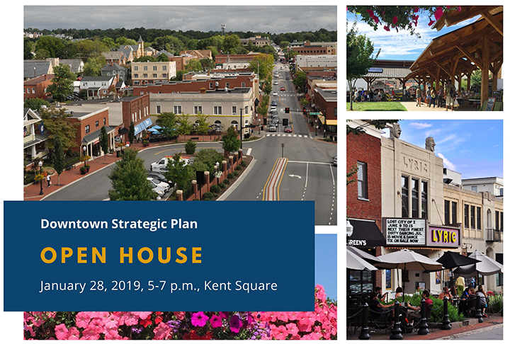 Downtown Strategy Postcard promoting the open house on Monday, Jan. 28, 5-7 p.m. at Kent Square. 